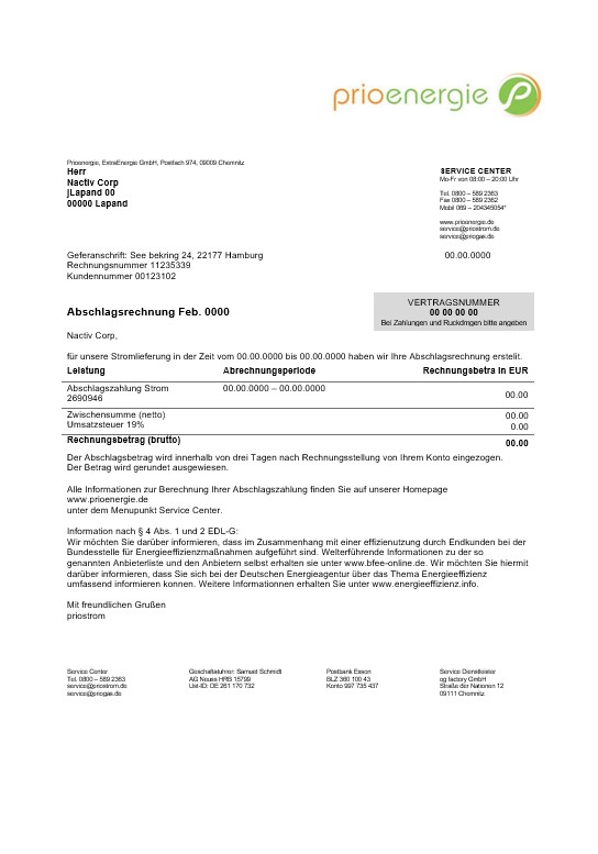 Germany Prioenergie proof of address business utility bill template in Word and PDF formats